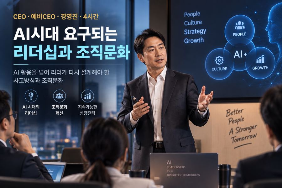 AI시대 요구되는 리더십과 조직문화 · CEO·예비CEO·경영진 대상 4시간 과정 · AI 활용을 넘어 리더가 다시 설계해야 할 사고방식과 조직문화