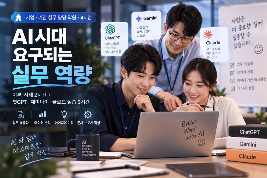 AI시대 요구되는 실무 역량 · 기업·기관 실무 담당 직원 대상 4시간 과정 · 이론·사례 2시간 + 챗GPT·제미나이·클로드 실습 2시간