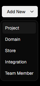Add New 메뉴: Project, Domain, Store, Integration, Team Member