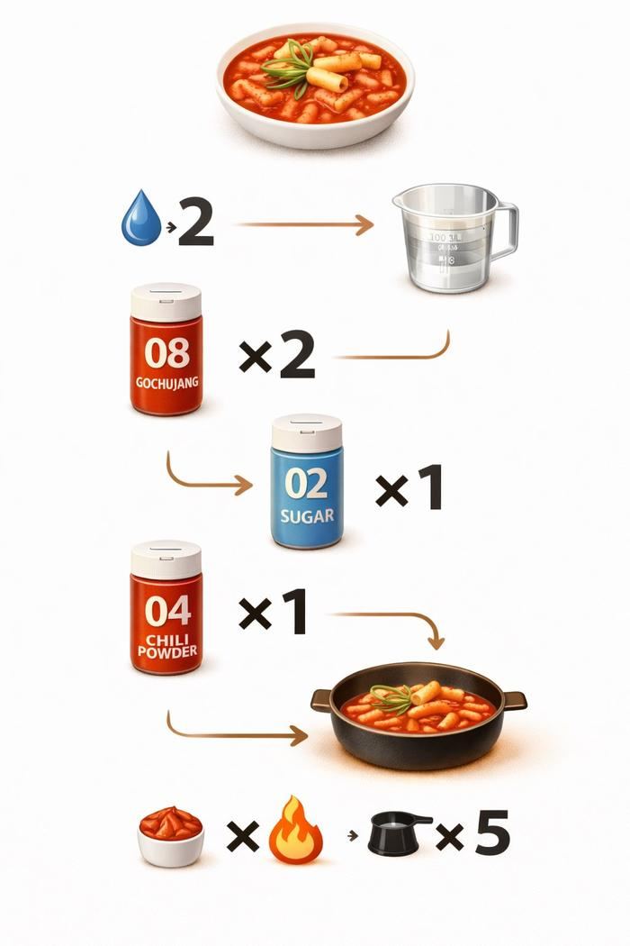 숫자와 아이콘 기반 떡볶이 레시피 예시 - 계량 횟수와 조리 순서를 아이콘으로 표시
