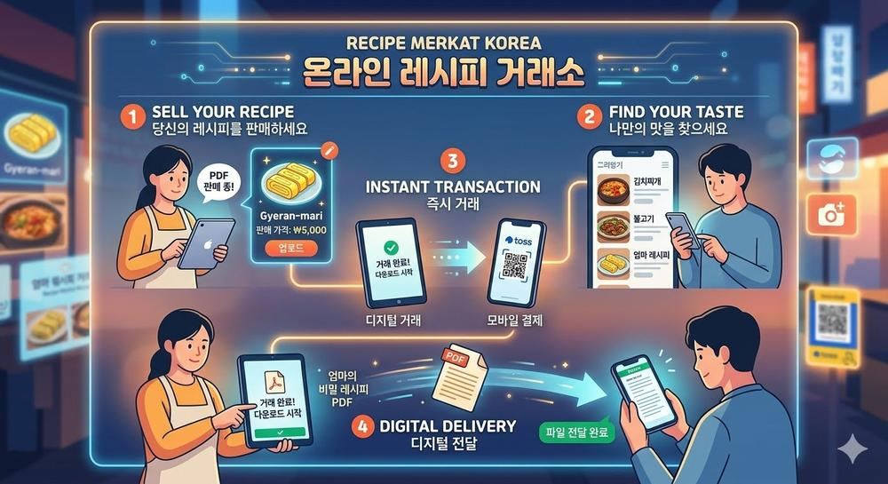 레시피 마켓 코리아 - 온라인 레시피 거래소, 판매·검색·즉시거래·디지털 전달 구조