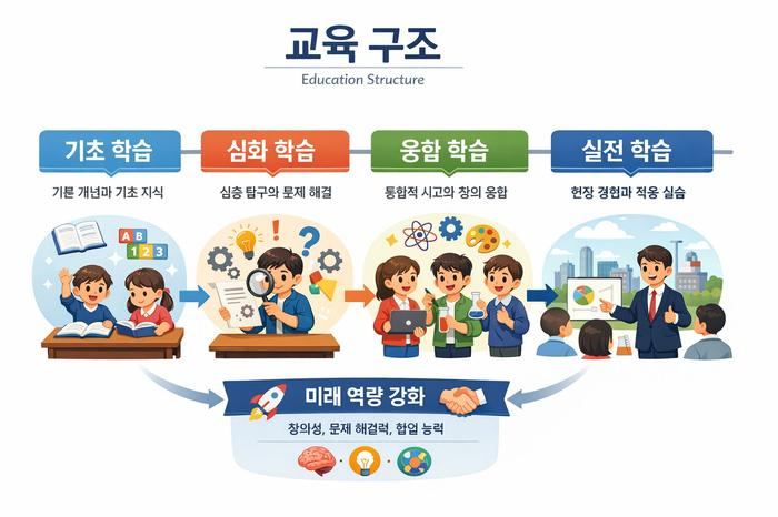 교육 구조 - 기초학습, 심화학습, 융합학습, 실전학습 4단계와 미래역량강화