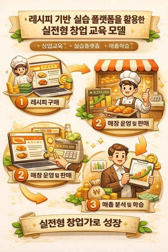 레시피 기반 실습 플랫폼을 활용한 실전형 창업 교육 모델 - 레시피 구매, 매장 운영 및 판매, 매출 분석 및 학습을 거쳐 실전형 창업가로 성장
